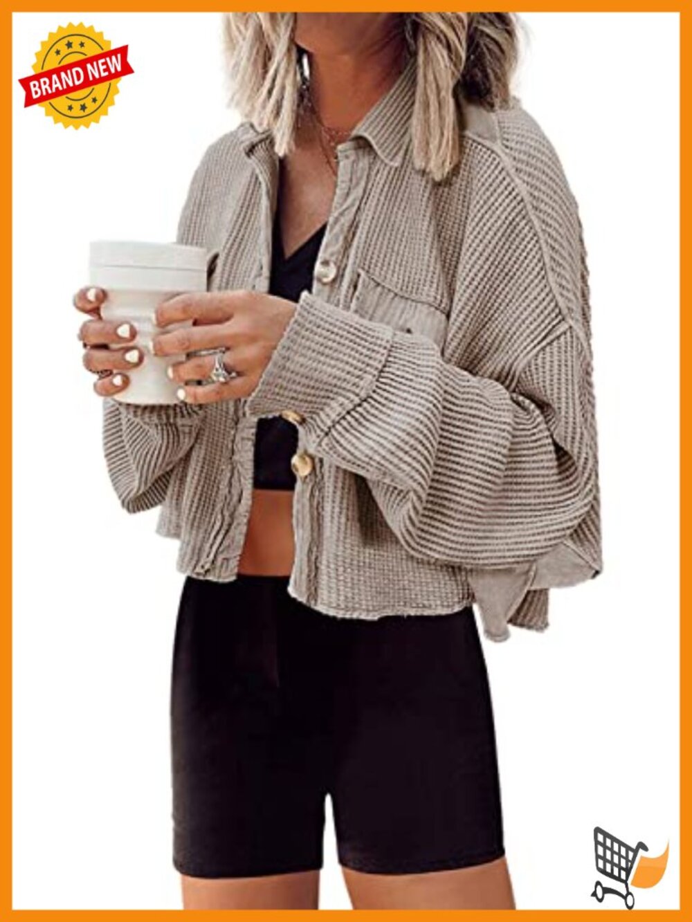 Waffle Knit Cropped Shacket Button Down Oversized Jacket